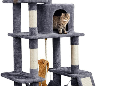 Large Multi-Level Cat Tree, 63 Inches Tall with Sisal-Covered Scratching Posts, Condo, Hammock, Dangling Ball, and Extended Platform for Cats to Play and Sleep