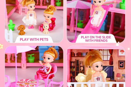 Doll House for Girls, 5-Story 19 Rooms Huge Dollhouse Playset with LED Lights, 2 Dolls, Furnitures, Accessories, DIY Pretend Play House Toys Gifts for Kids, Pink