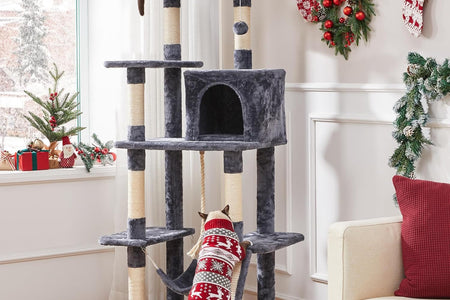 Large Multi-Level Cat Tree, 63 Inches Tall with Sisal-Covered Scratching Posts, Condo, Hammock, Dangling Ball, and Extended Platform for Cats to Play and Sleep
