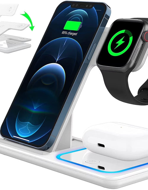Load image into Gallery viewer, Wireless Charging Station, 18W 3 in 1 Charger Station, Fast Charging Dock Stand for Iwatch Series 11/10/9/8/7/6/SE/5/4/3, Compatible for Iphone 17/16 15 14 13 12 11 Pro Max/Samsung/ Airpod
