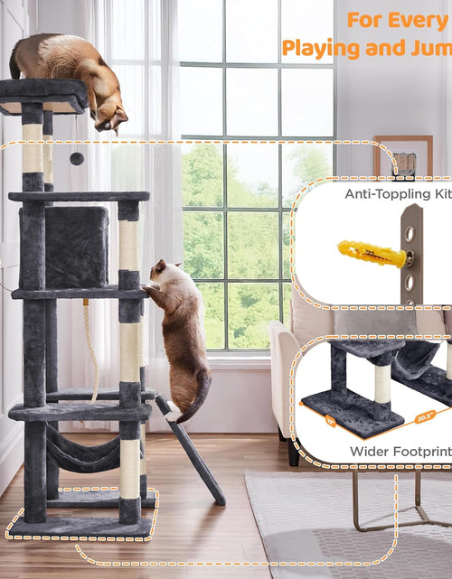 Load image into Gallery viewer, Large Multi-Level Cat Tree, 63 Inches Tall with Sisal-Covered Scratching Posts, Condo, Hammock, Dangling Ball, and Extended Platform for Cats to Play and Sleep
