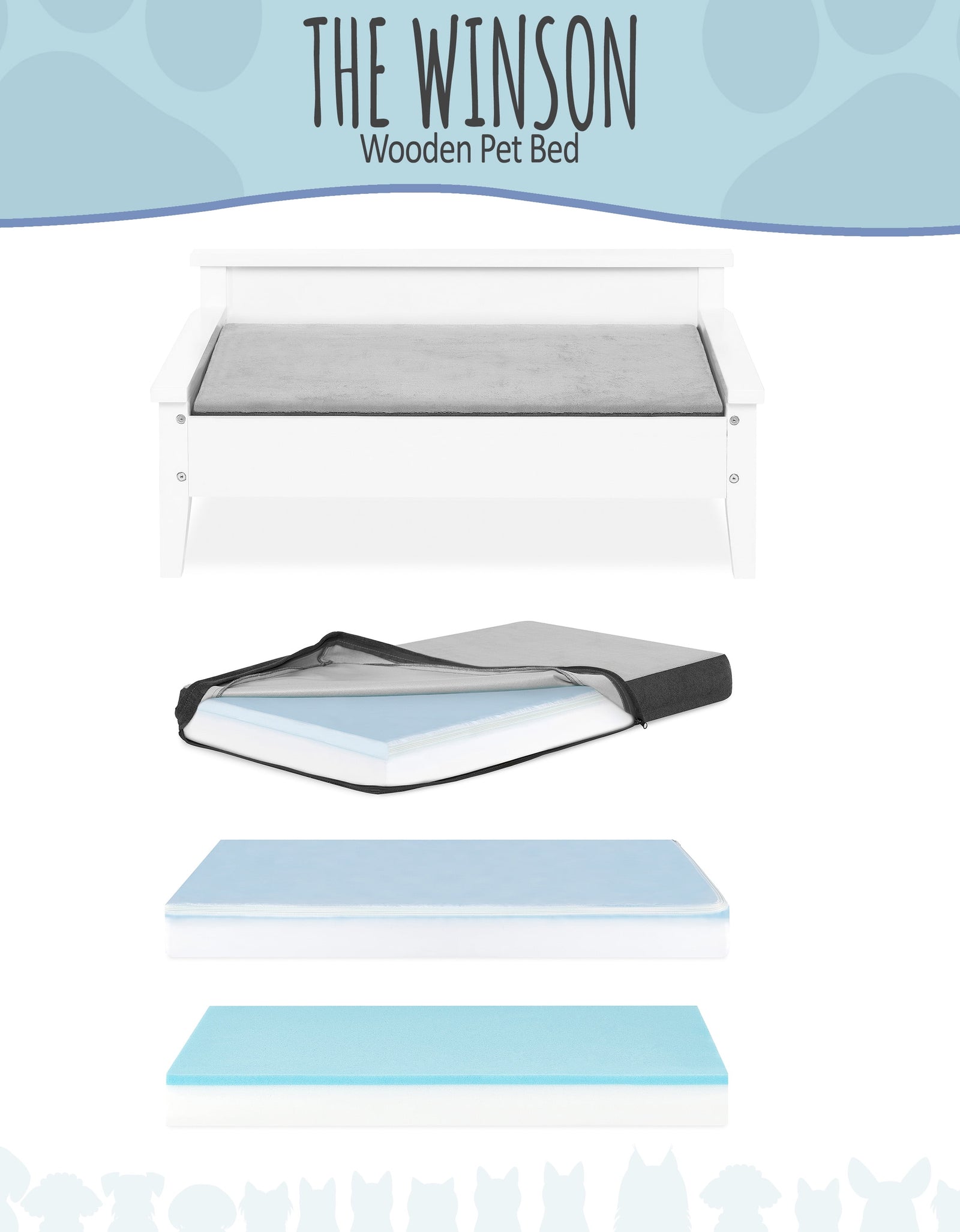 Winston Small Elevated Wooden Pet Bed with Plush Mattress, White