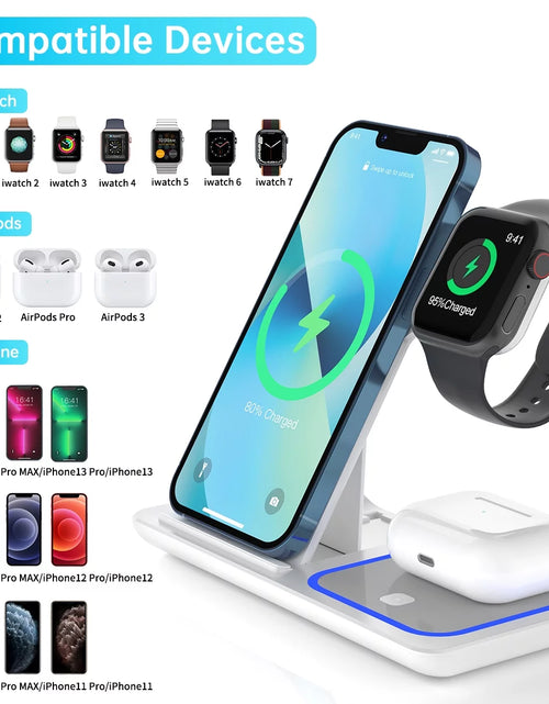 Load image into Gallery viewer, Wireless Charging Station, 18W 3 in 1 Charger Station, Fast Charging Dock Stand for Iwatch Series 11/10/9/8/7/6/SE/5/4/3, Compatible for Iphone 17/16 15 14 13 12 11 Pro Max/Samsung/ Airpod

