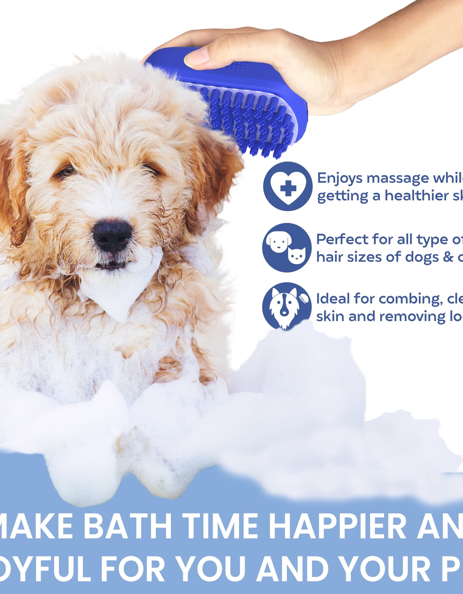 Dog Bath Scrubber Rubber Curry Comb & Pet Grooming Brush with Non-Slip Grip, Blue