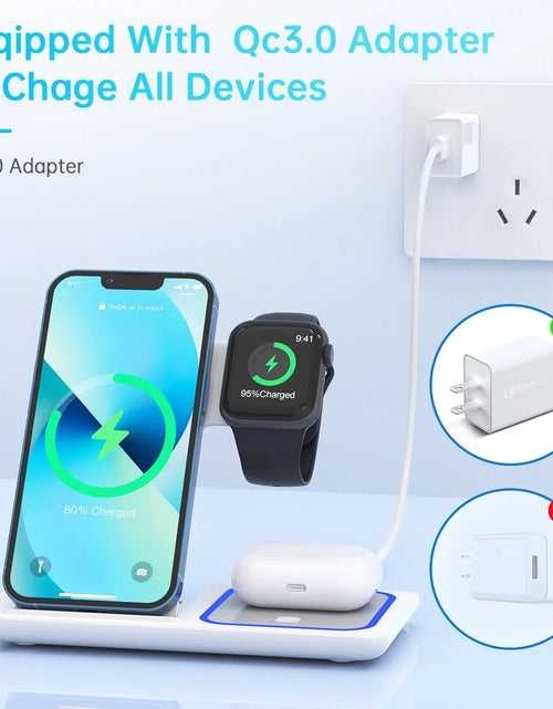 Load image into Gallery viewer, Wireless Charging Station, 18W 3 in 1 Charger Station, Fast Charging Dock Stand for Iwatch Series 11/10/9/8/7/6/SE/5/4/3, Compatible for Iphone 17/16 15 14 13 12 11 Pro Max/Samsung/ Airpod
