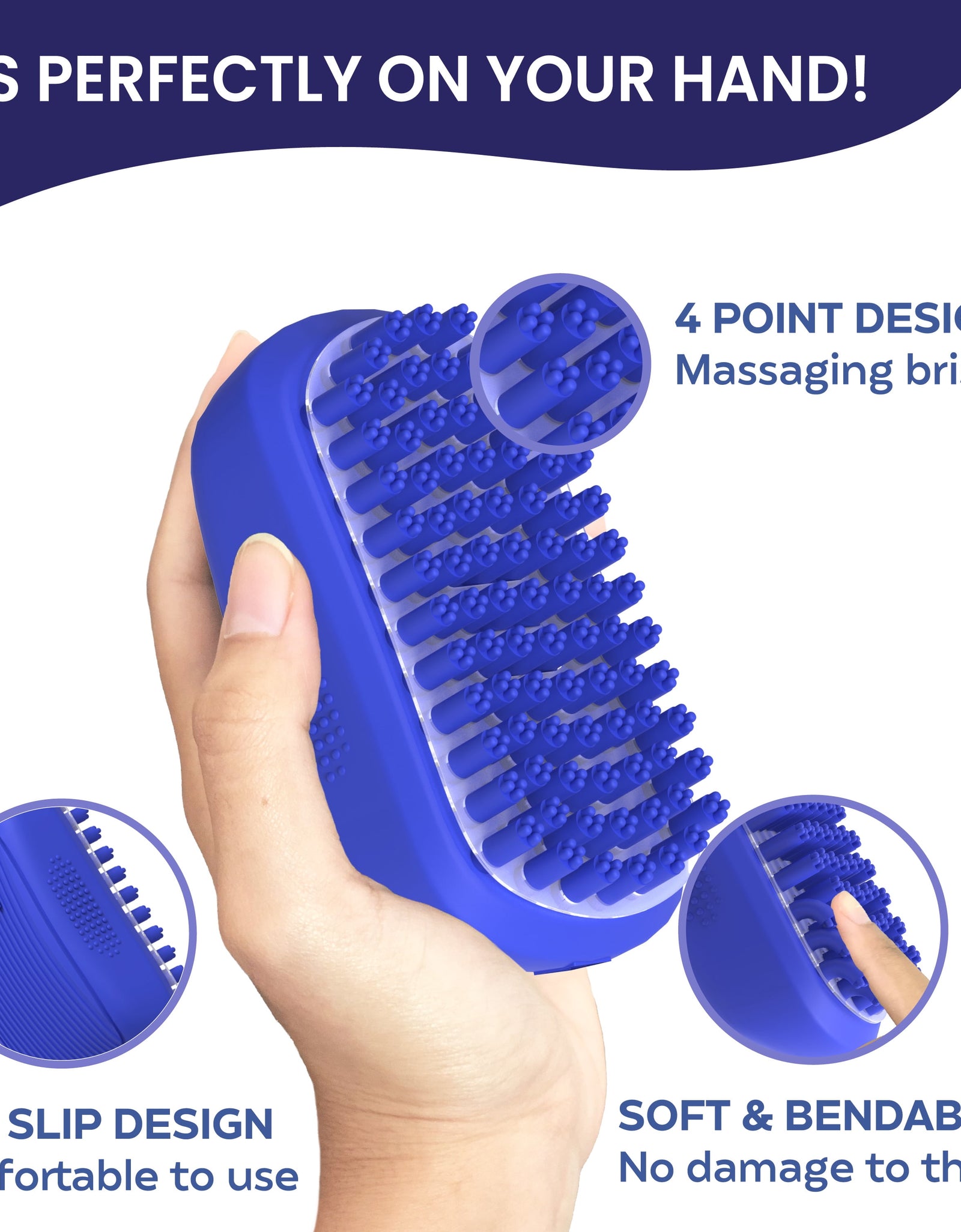 Dog Bath Scrubber Rubber Curry Comb & Pet Grooming Brush with Non-Slip Grip, Blue