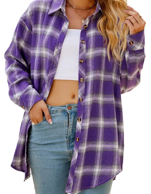 Load image into Gallery viewer, Plaid Flannel Shirts for Women Oversized Long Sleeve Button down Shirts Blouses Tops
