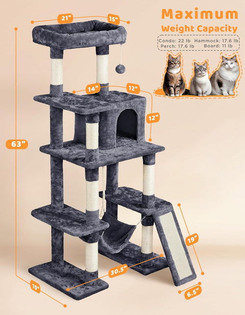 Load image into Gallery viewer, Large Multi-Level Cat Tree, 63 Inches Tall with Sisal-Covered Scratching Posts, Condo, Hammock, Dangling Ball, and Extended Platform for Cats to Play and Sleep
