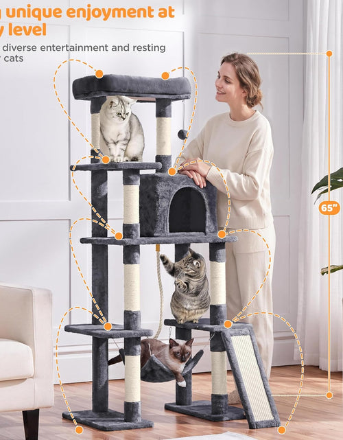 Load image into Gallery viewer, Large Multi-Level Cat Tree, 63 Inches Tall with Sisal-Covered Scratching Posts, Condo, Hammock, Dangling Ball, and Extended Platform for Cats to Play and Sleep
