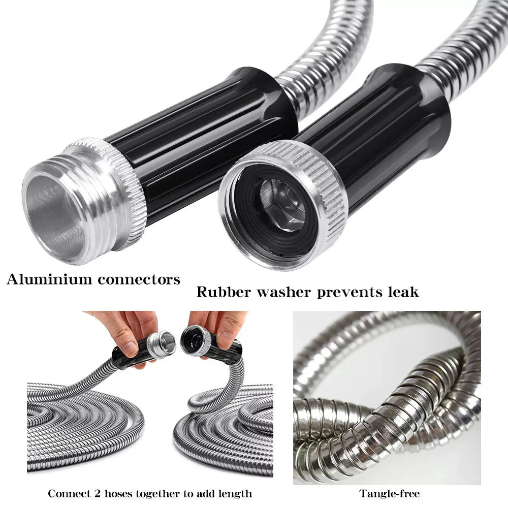 Stainless Steel Metal Garden Water Hose Pipe Flexible Lightweight 25/50/75/100FT