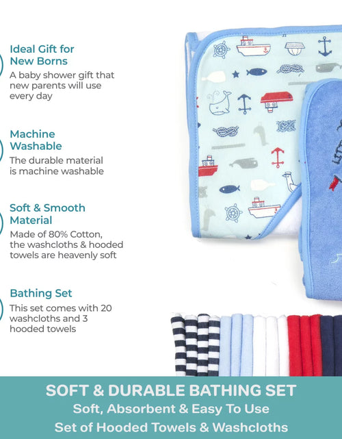 Load image into Gallery viewer, Bath Hooded Towels &amp; Washcloths Set for Babies, 23-Piece Gift Set, Navy Nautical

