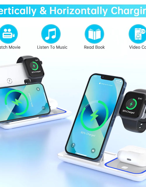 Load image into Gallery viewer, Wireless Charging Station, 18W 3 in 1 Charger Station, Fast Charging Dock Stand for Iwatch Series 11/10/9/8/7/6/SE/5/4/3, Compatible for Iphone 17/16 15 14 13 12 11 Pro Max/Samsung/ Airpod
